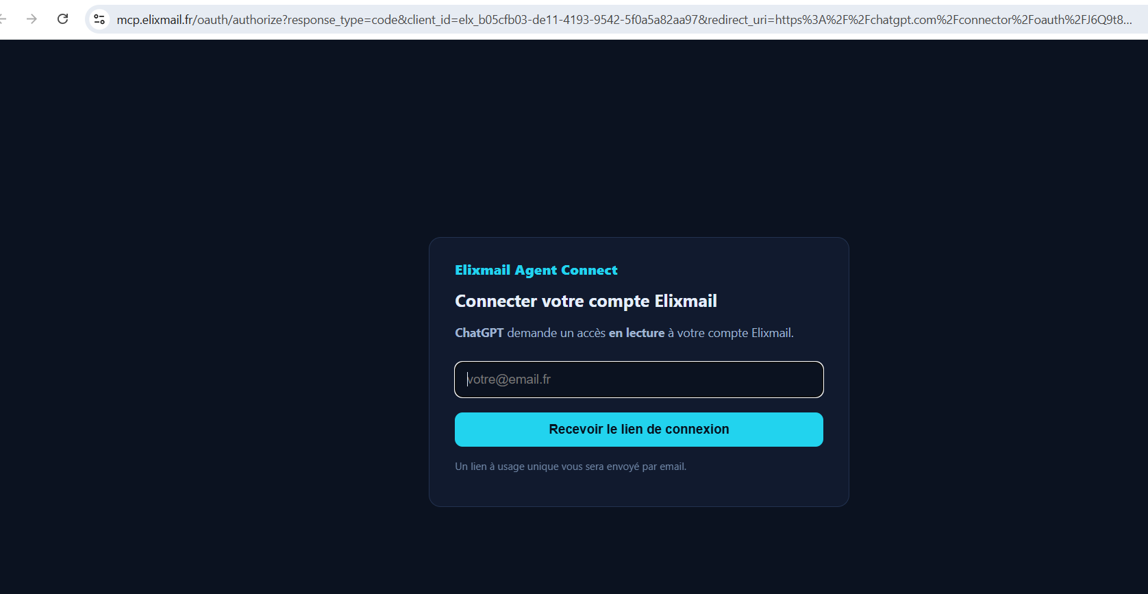 Connect your Elixmail account — email field